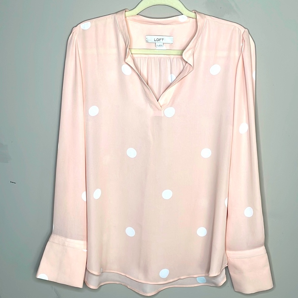 Loft Pink Polka Dot Long Sleeve Collar Shirt